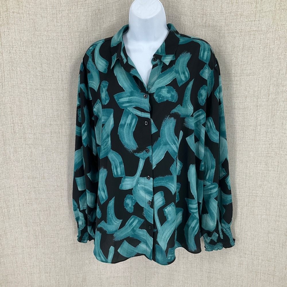 Chico's Button Down Blouse Women XXL Teal Black Abstract Brushstroke Artsy